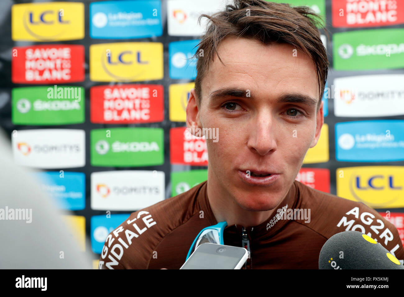 Criterium of Dauphine Libere cycling race 2018.  Romain Bardet.  Interview. Saint Gervais Mont Blanc. France. Stock Photo