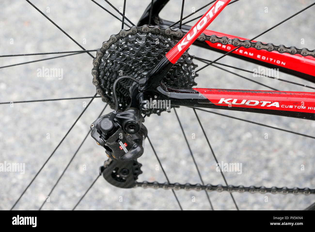 Racing bike.  Derailleur gear. Close-up.  Saint Gervais Mont Blanc. France. Stock Photo