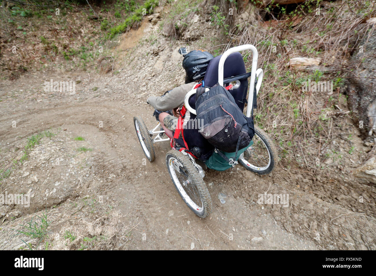 Dre Dans le l'Darbon : mountain bike race in the french Alps.  Cyclist in para-athletic competition. France. Stock Photo