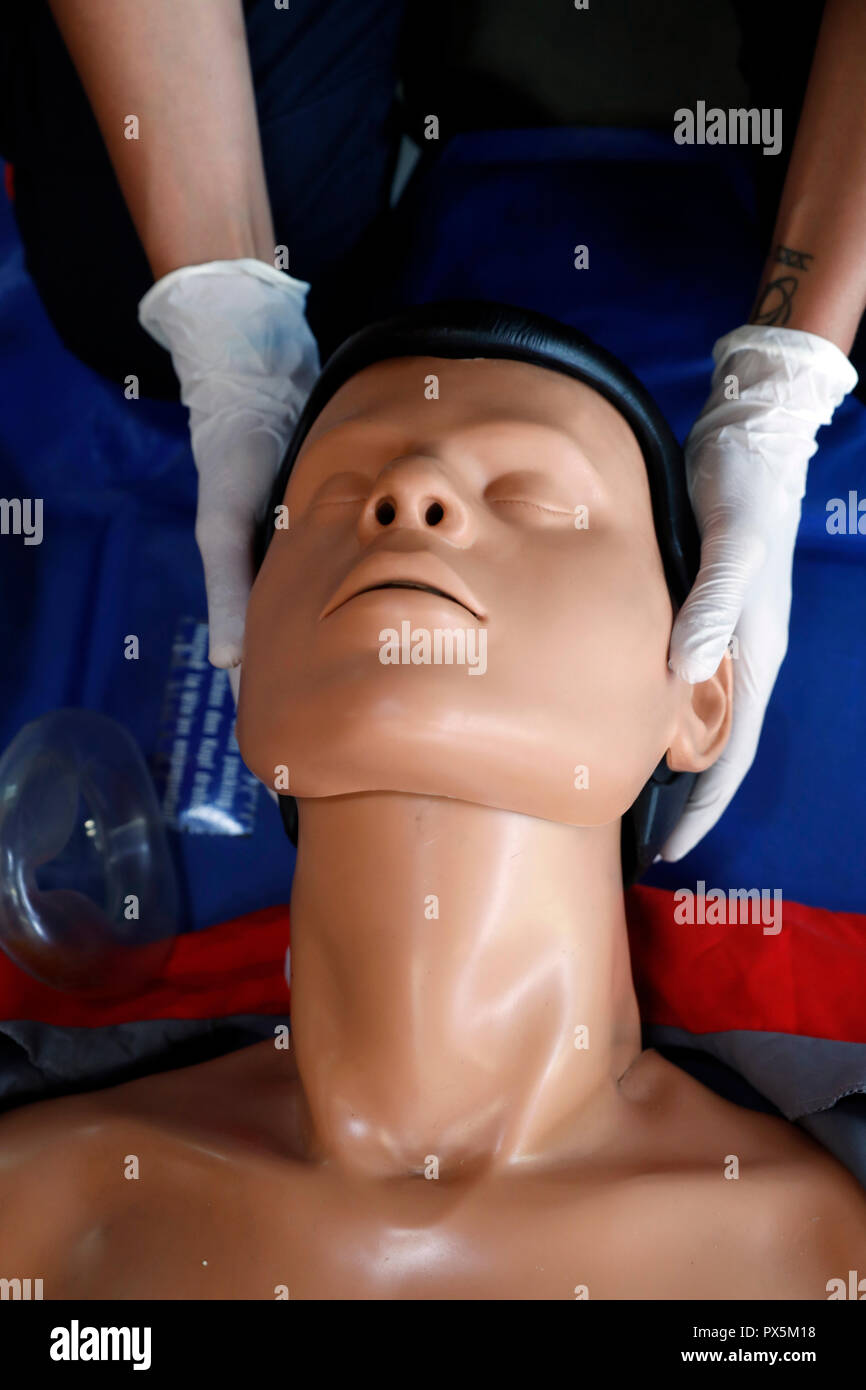 Life-saving first aid on a model.  Training session exercise.  France. Stock Photo
