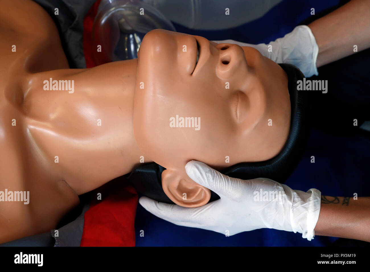 Life-saving first aid on a model.  Training session exercise.  France. Stock Photo