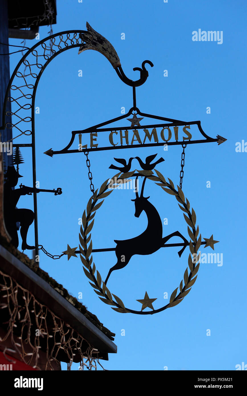 Wrought Iron Restaurant Sign : le chamois. Megeve. France. Stock Photo