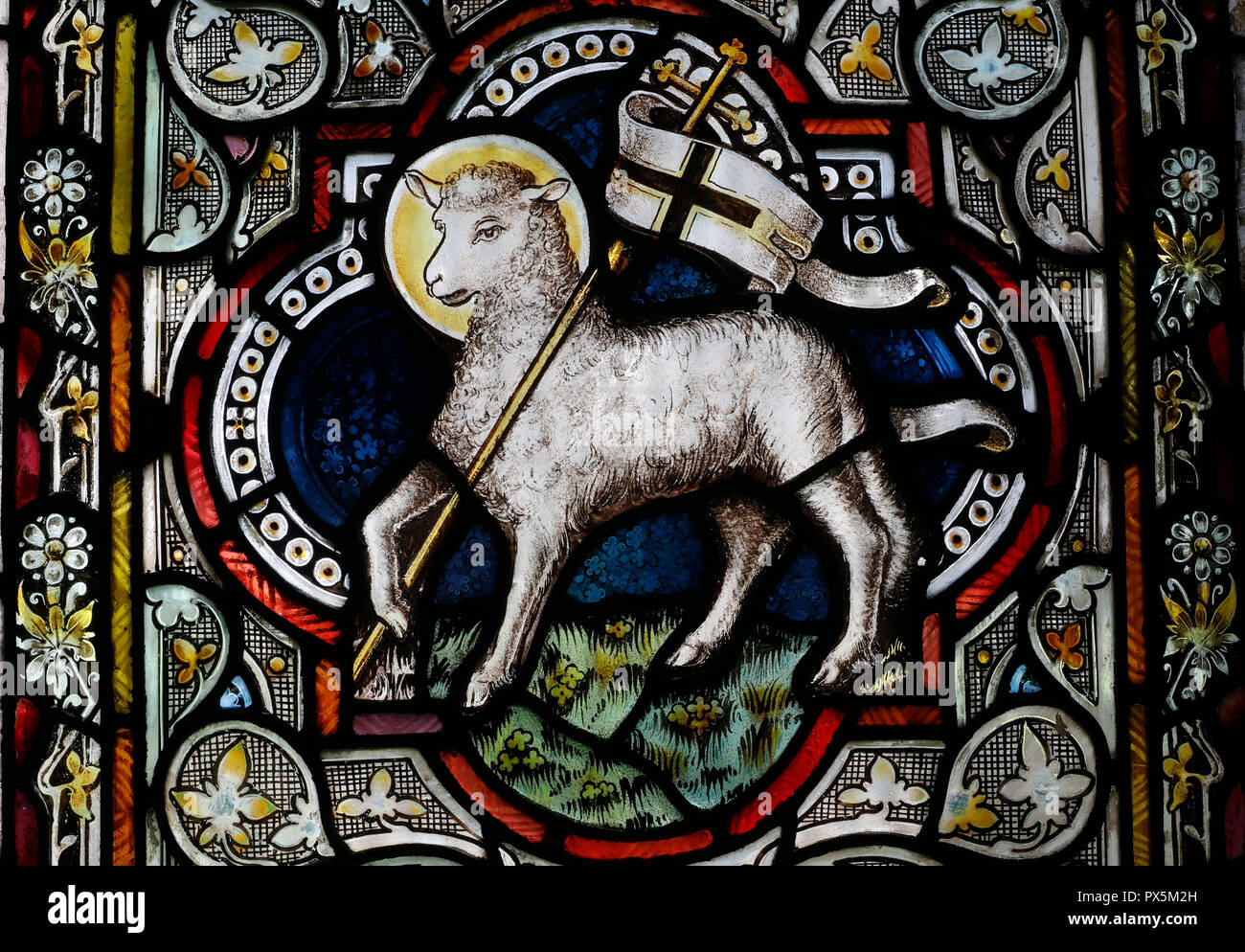 Protestant church. Stained glass window. Lamb of God. Agnus Dei. Chamonix. France. Stock Photo