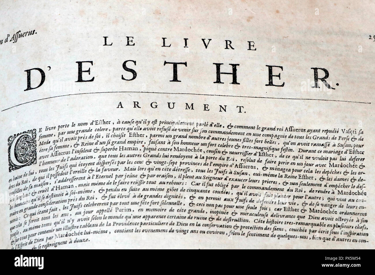Old bible in French, 1669.  Old Testament. The book of Esther. Stock Photo