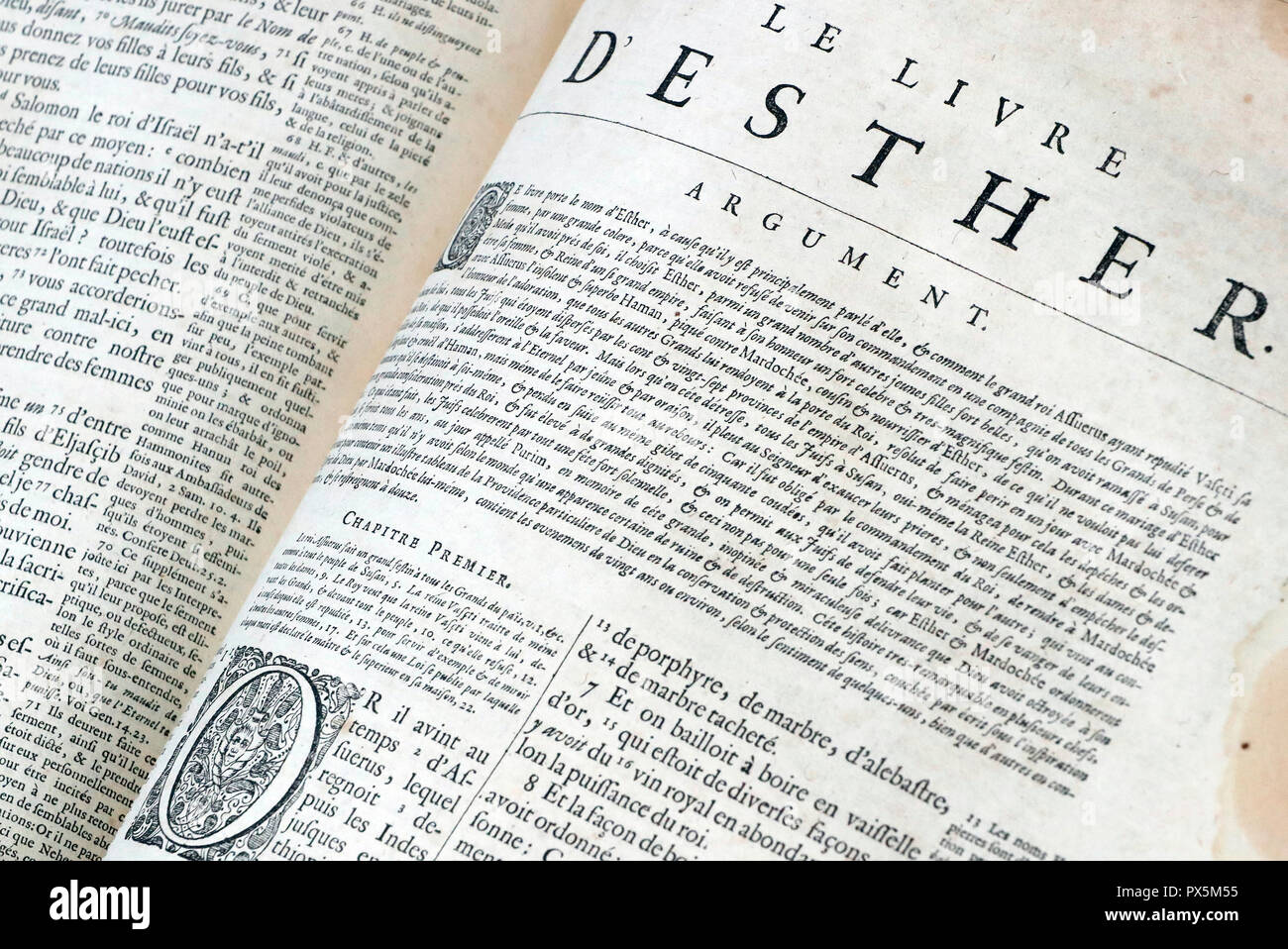 Old bible in French, 1669.  Old Testament. The book of Esther. Stock Photo
