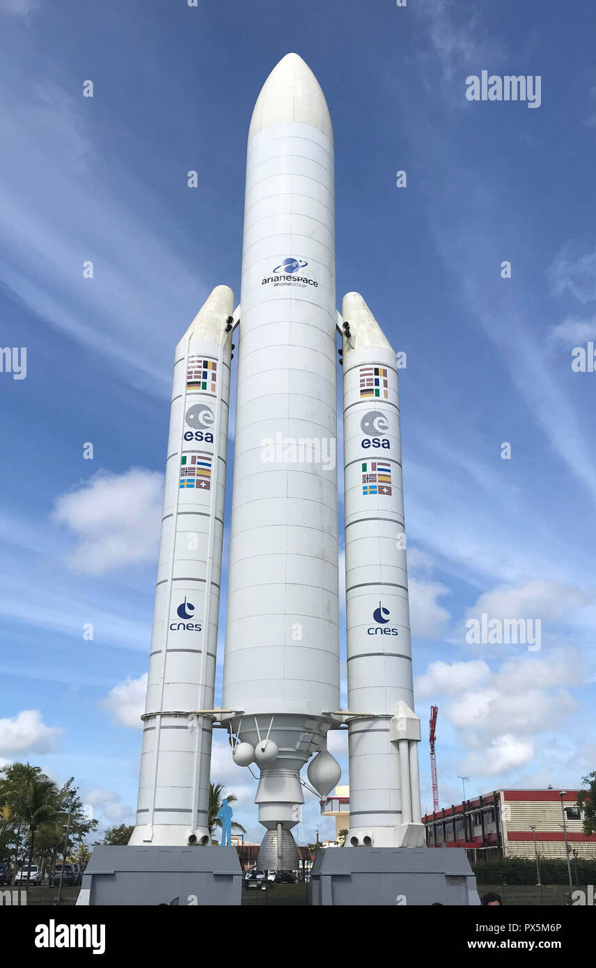 Life-size model of the Ariane 5 rocket at the European space port at Kourou, French Guiana, similar to the rocket which will blast BepiColombo onto an escape trajectory that will free it from the shackles of Earth's gravity immediately. Stock Photo