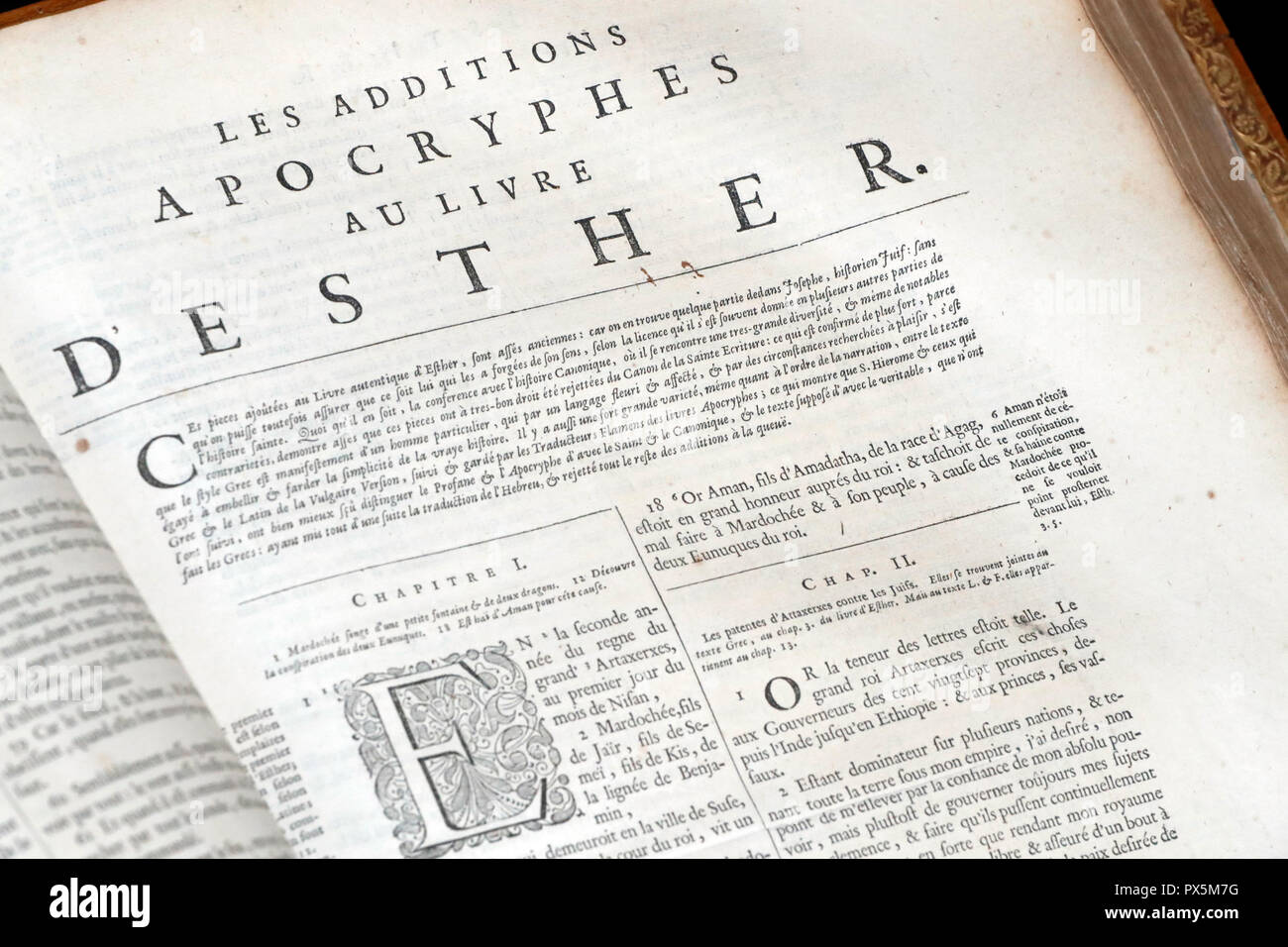 Old bible in French, 1669.  Old Testament. Apocrypha. Esther. Stock Photo