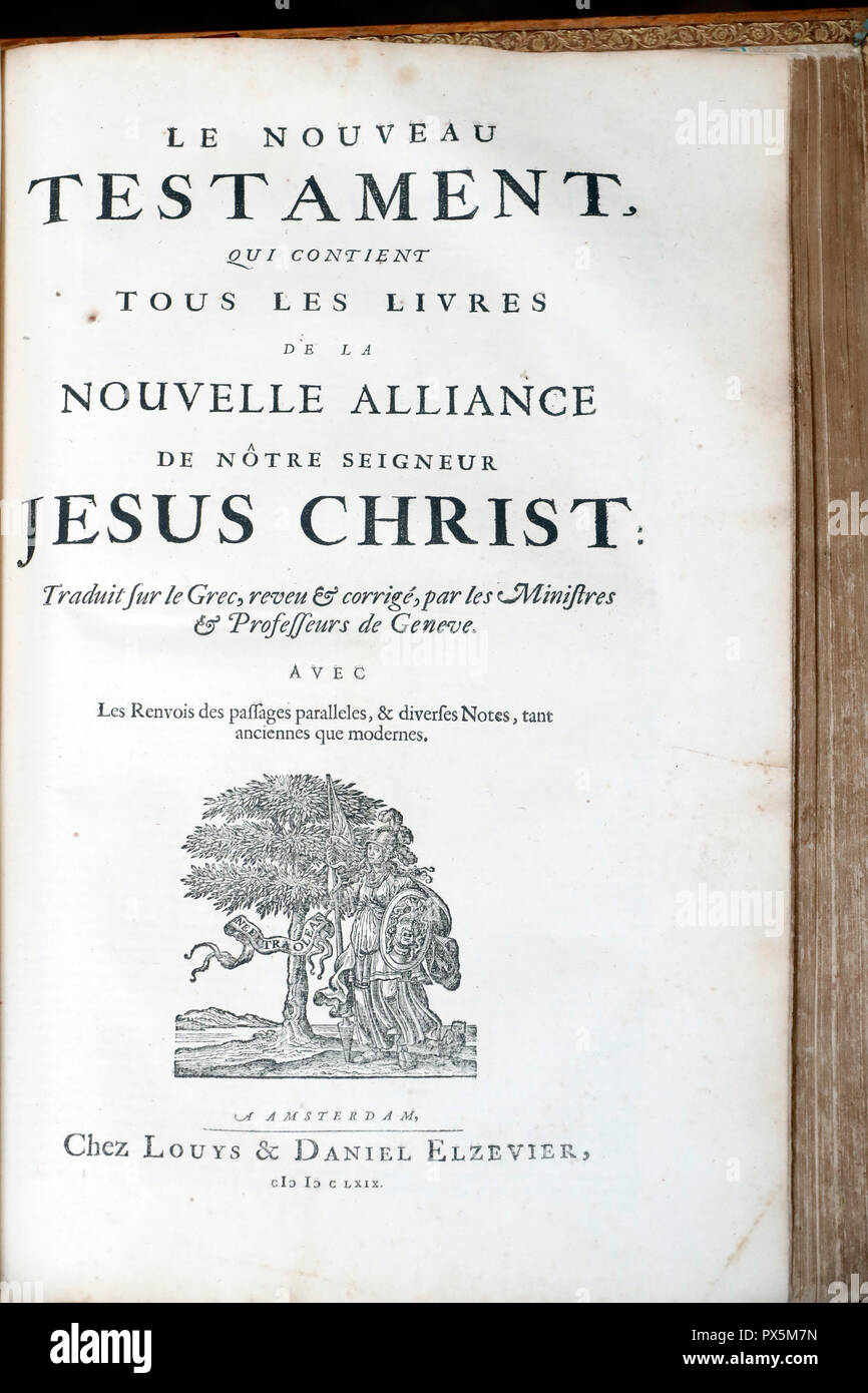 Old bible in French, 1669. New Testament Stock Photo Alamy