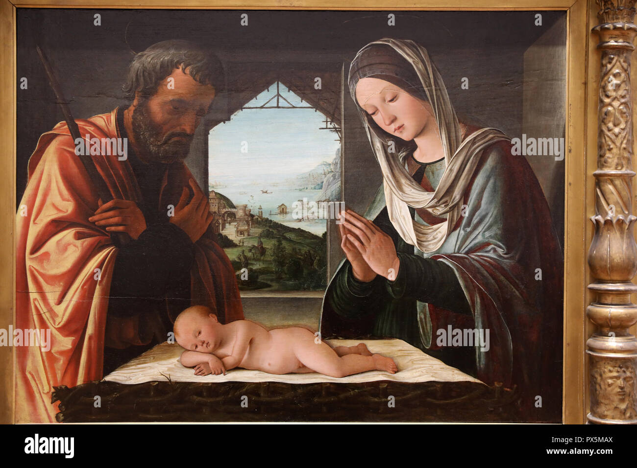 Fine Art museum, Lyon, France. Lorenzo Costa, Nativity scene, c.1490, oil on wood. Stock Photo