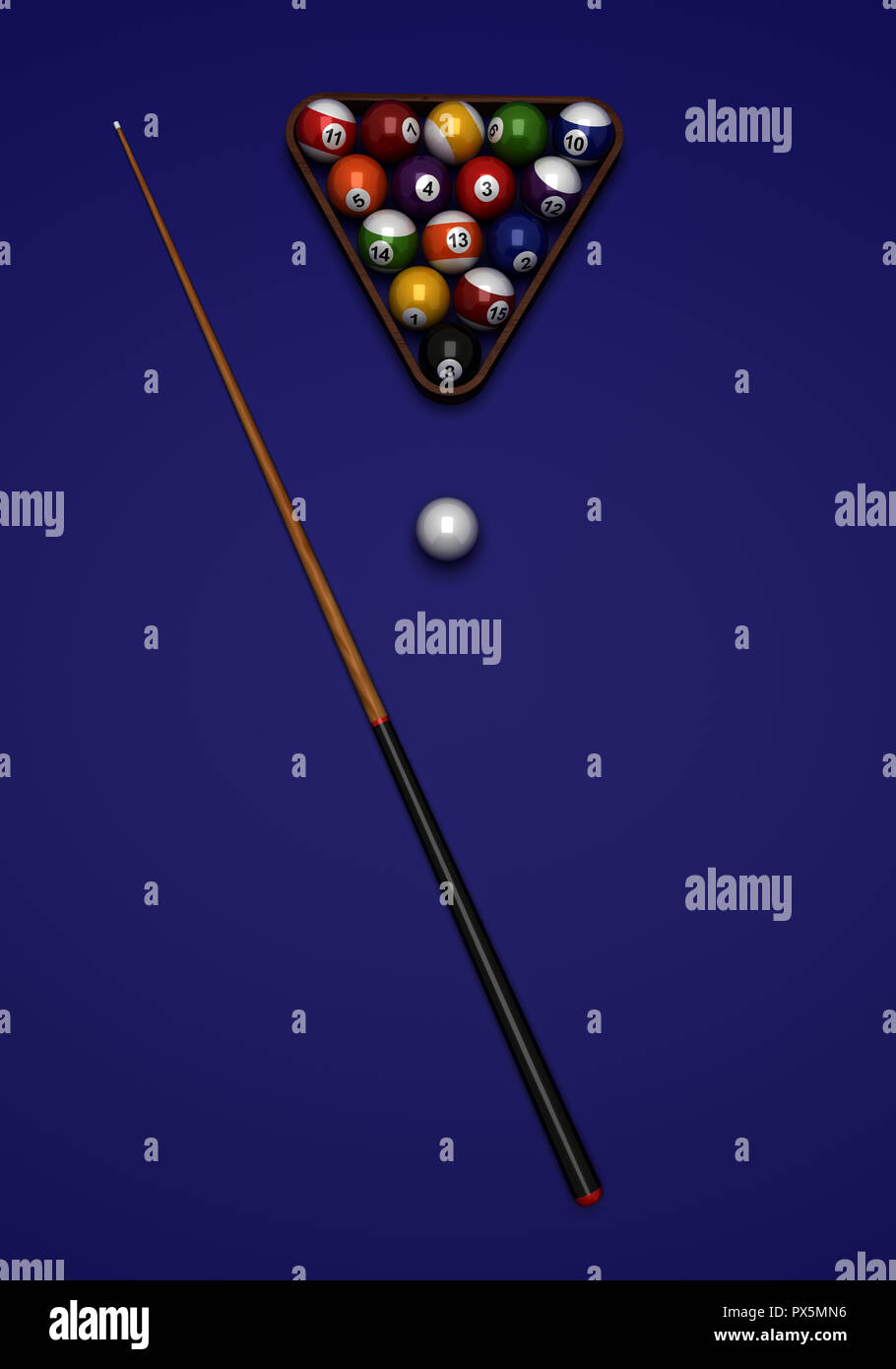 Billiard balls and cue from top view Stock Photo