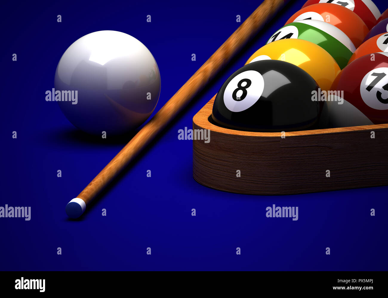 Billiard balls and cue on blue background Stock Photo