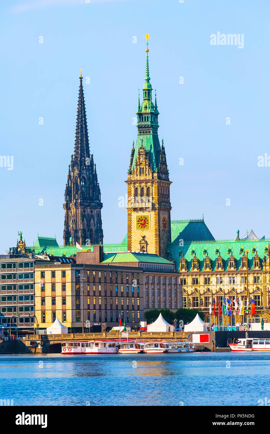 Beautiful view of Hamburg city center with town hall and Alster lake, Germany Stock Photo