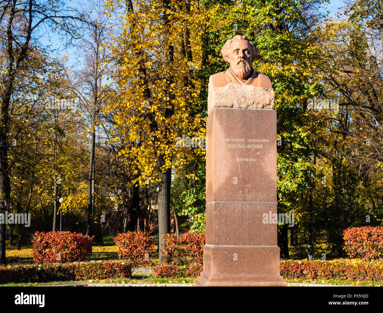MOSCOW, RUSSIA - OCTOBER 16, 2018: Monument of K E Tsiolkovsky (rocket scientist and founder of the astronautic theory) in Petrovsky Park in Moscow ci Stock Photo