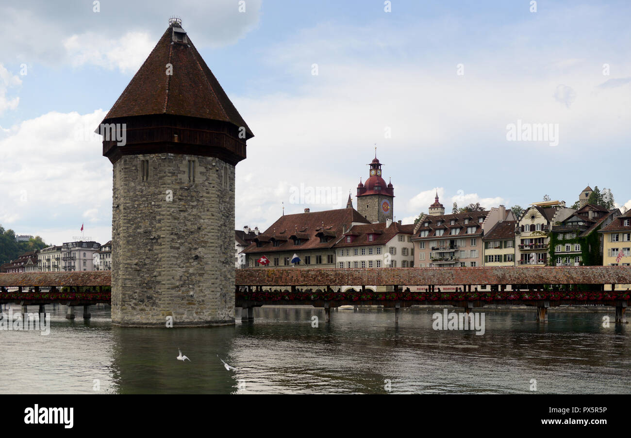 Chapel bridge and water tower, Lucern, Switzerland Stock Photo