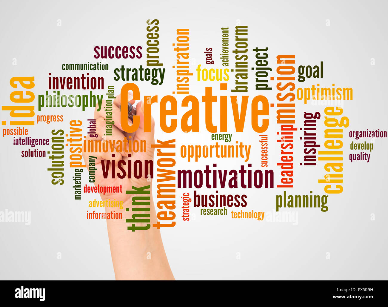 Creative word cloud and hand with marker concept on white background ...