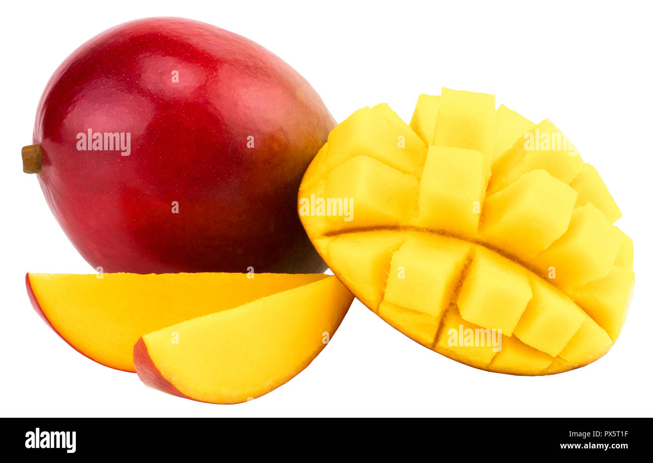 Mango fruit with mango cubes and slices. Isolated on a white background. Stock Photo