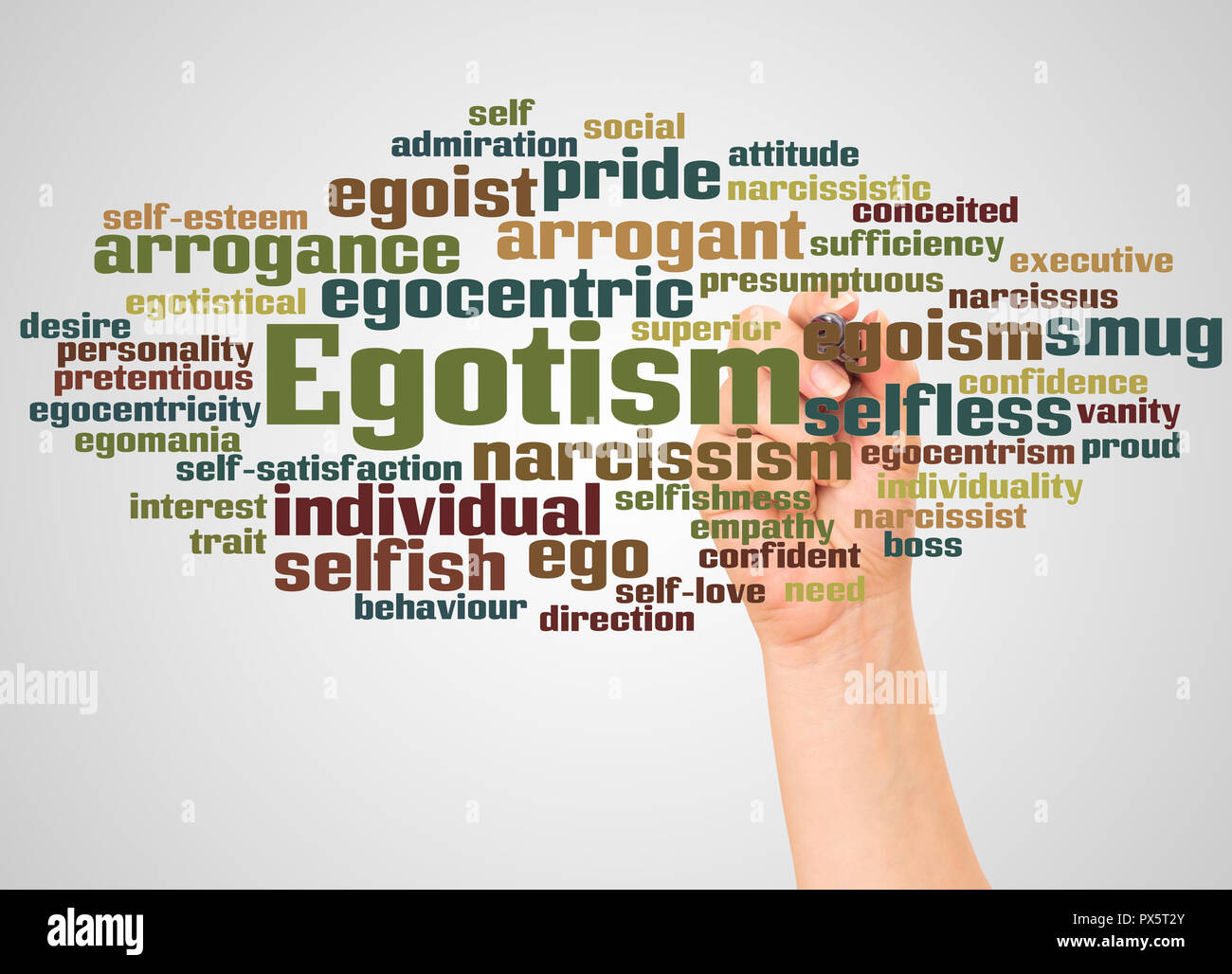 Egotism word cloud and hand with marker concept on gradient background. Stock Photo
