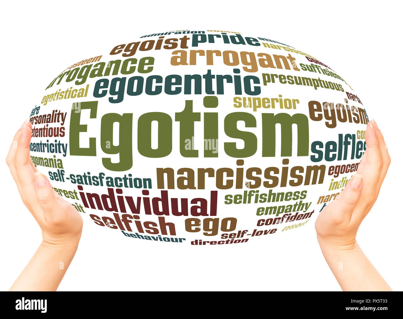 Egotism word cloud hand sphere concept on white background. Stock Photo