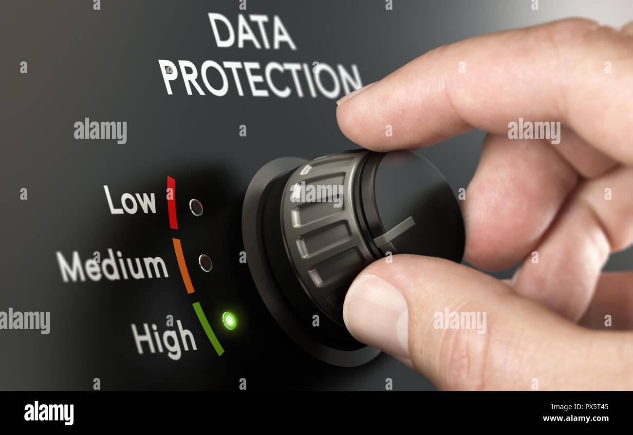 Cybersecurity concept. Man switching personal data protection system to the highest position. Stock Photo