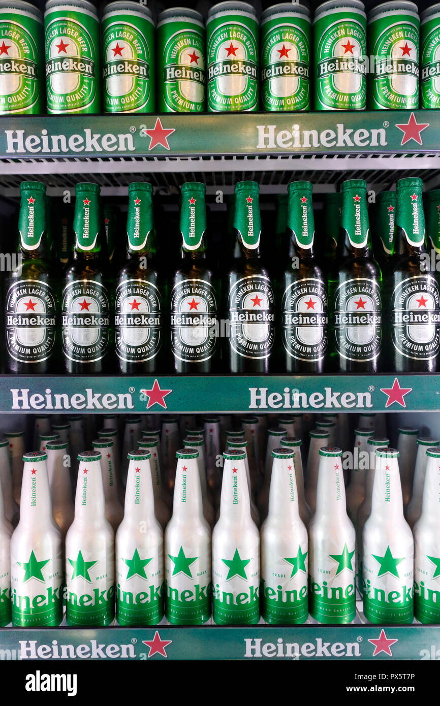 Heineken Beer. Row of bottles.  Ho Chi Minh City. Vietnam. Stock Photo