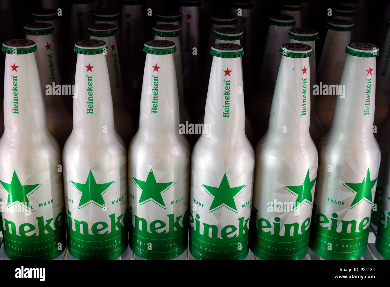 Heineken Beer. Row of bottles.  Ho Chi Minh City. Vietnam. Stock Photo