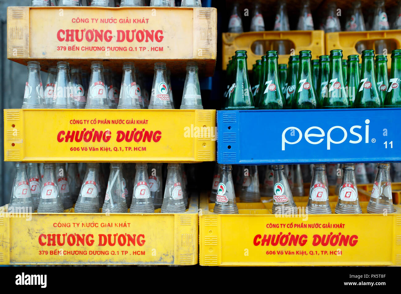Soda. Empty glass bottles.  Cai Be. Vietnam. Stock Photo