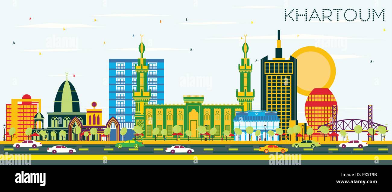 Khartoum Sudan City Skyline with Color Buildings and Blue Sky. Vector Illustration. Business Travel and Tourism Concept with Historic Architecture. Stock Vector
