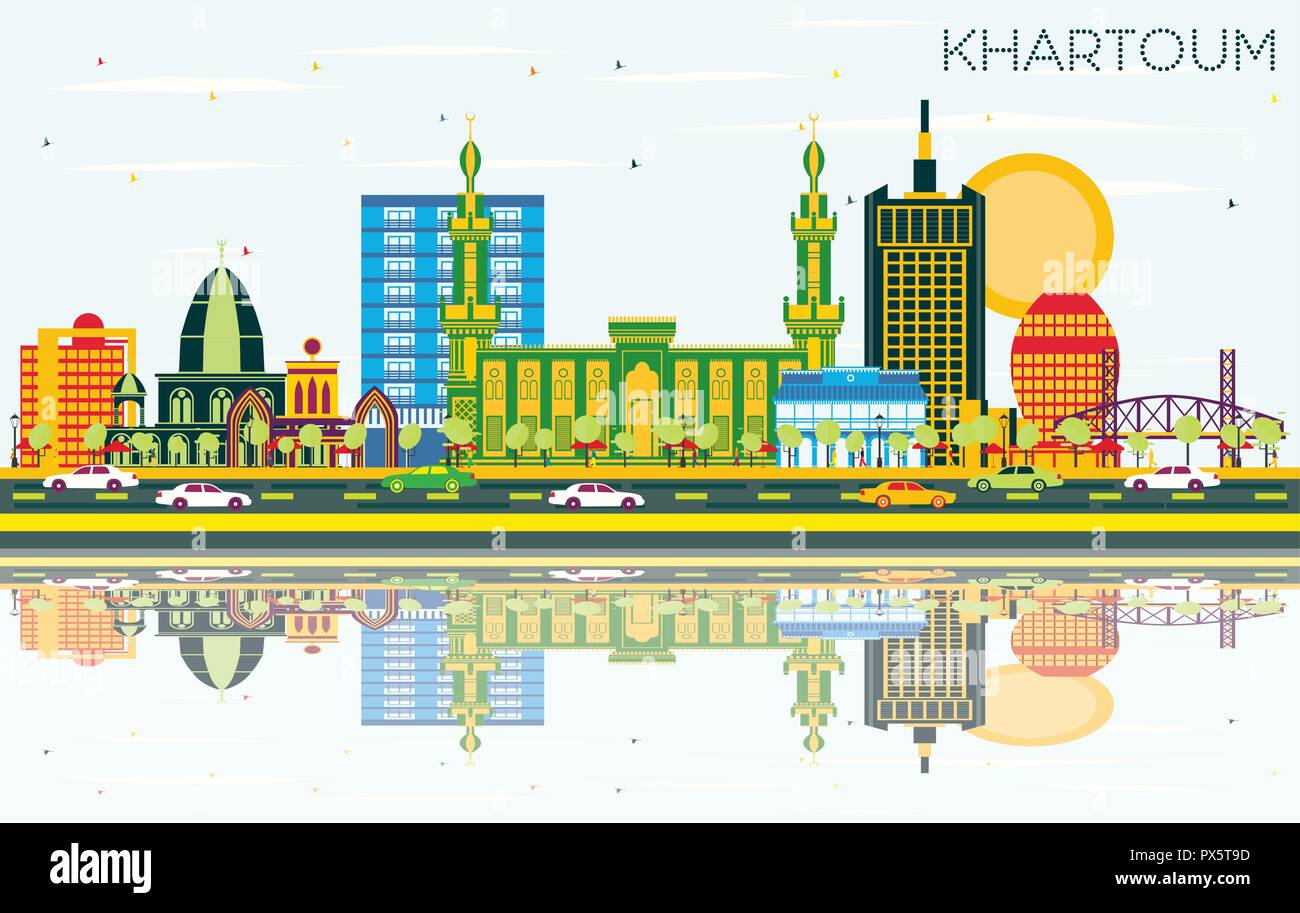 Khartoum Sudan City Skyline with Color Buildings, Blue Sky and Reflections. Vector Illustration. Stock Vector