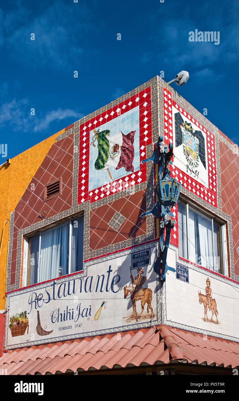 Mexican flag and Tijuana coat of arms in restaurant tile sign at Avenida Revolucion, Tijuana, Baja California, Mexico Stock Photo