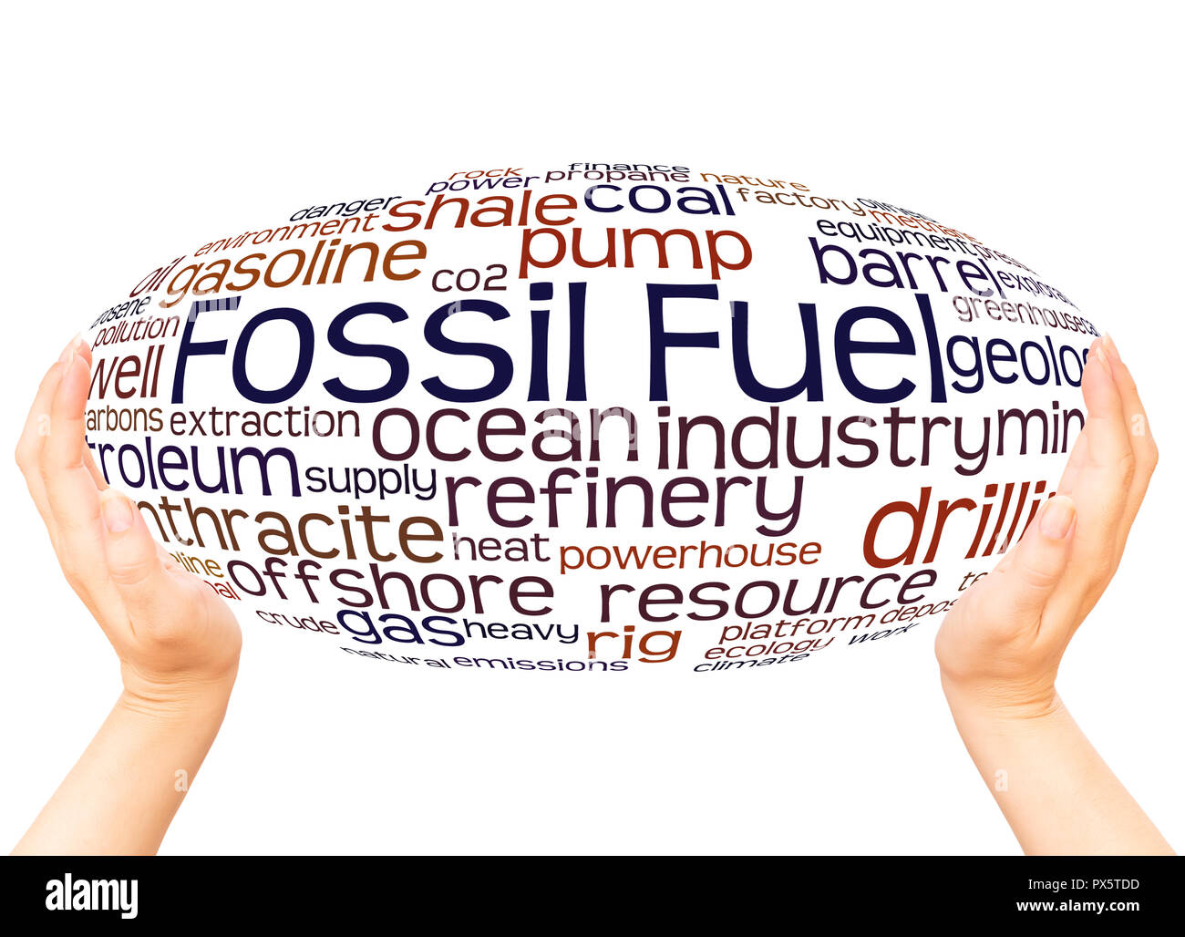 Fossil Fuel word cloud hand sphere concept on white background. Stock Photo