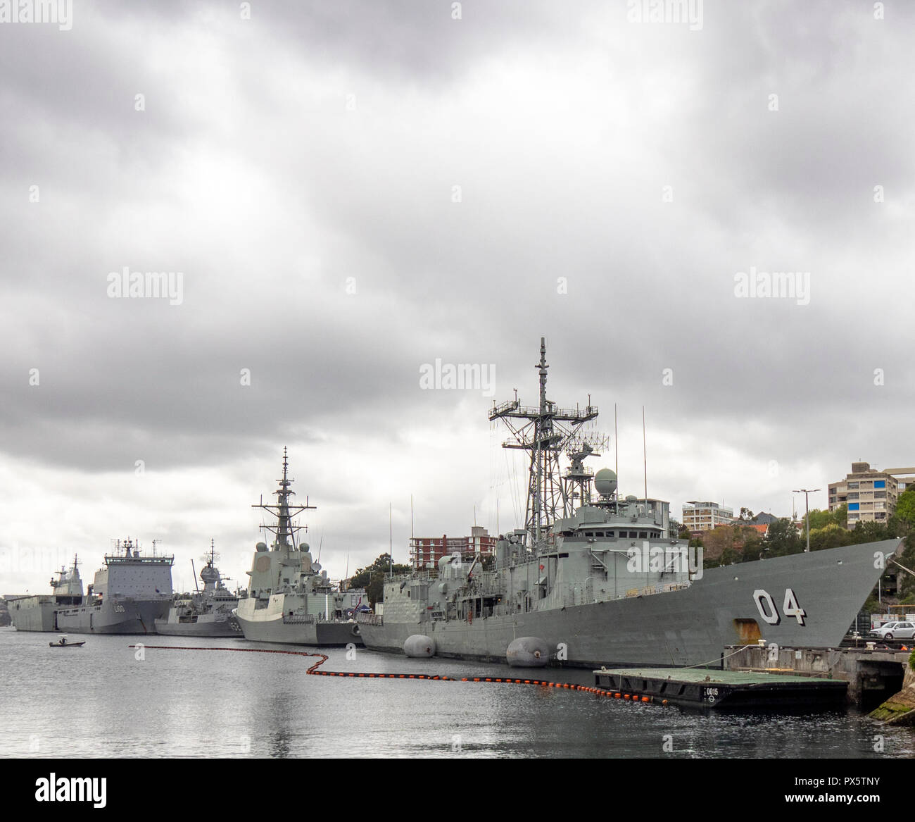 HMAS Darwin FFG 04 Adelaide Class guided missile frigate at Garden Island Naval Precinct Sydney NSW Australia. Stock Photo