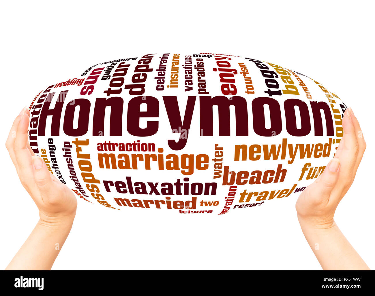 Honeymoon word cloud hand sphere concept on white background. Stock Photo