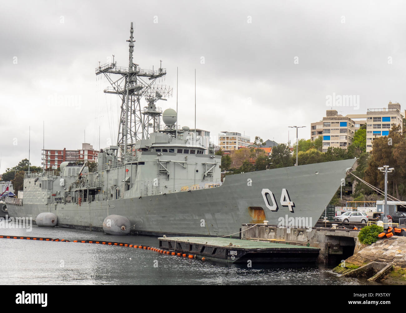 HMAS Darwin FFG 04 Adelaide Class guided missile frigate at Garden Island Naval Precinct Sydney NSW Australia. Stock Photo