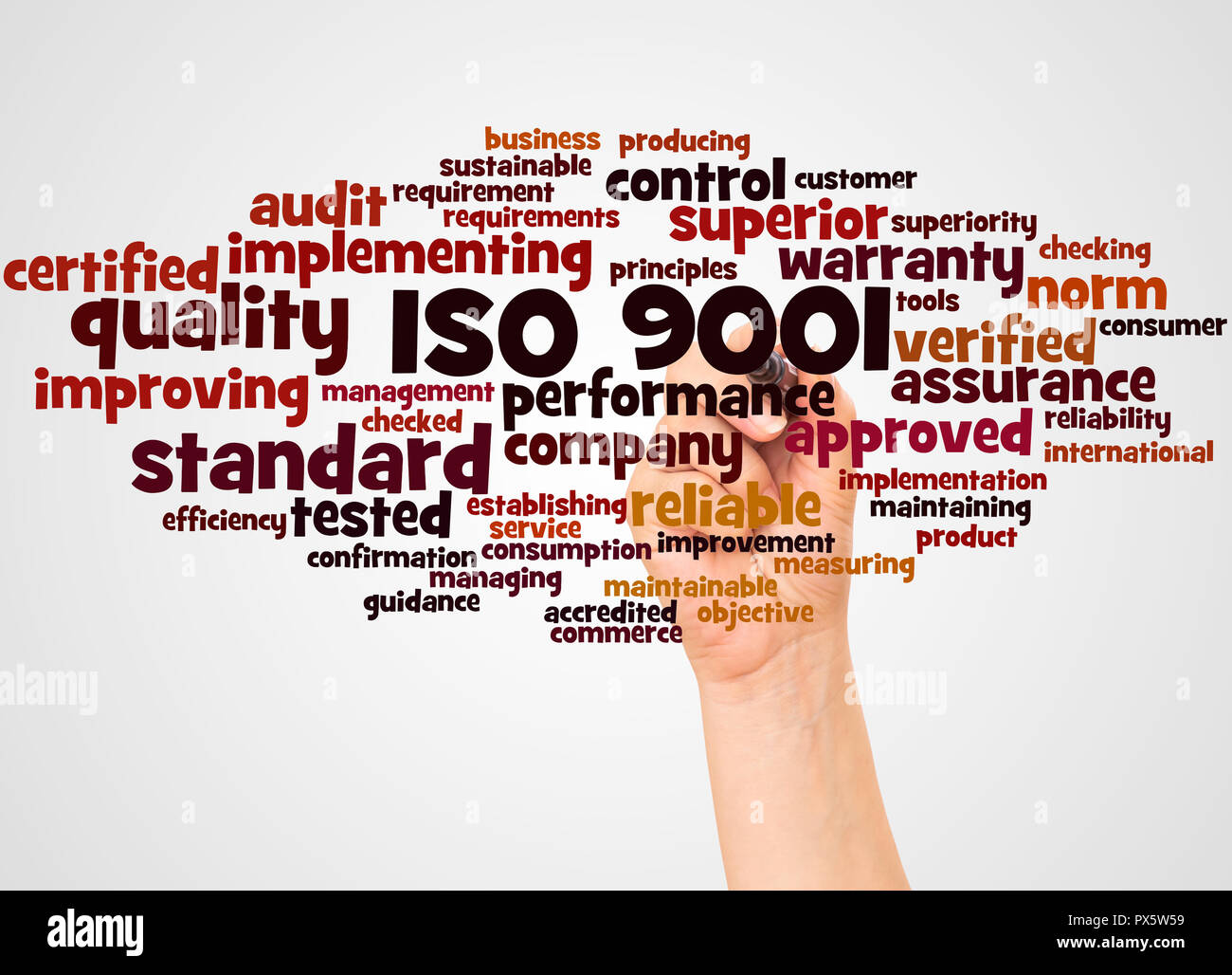 ISO 9001 word cloud and hand with marker concept on white background. Stock Photo