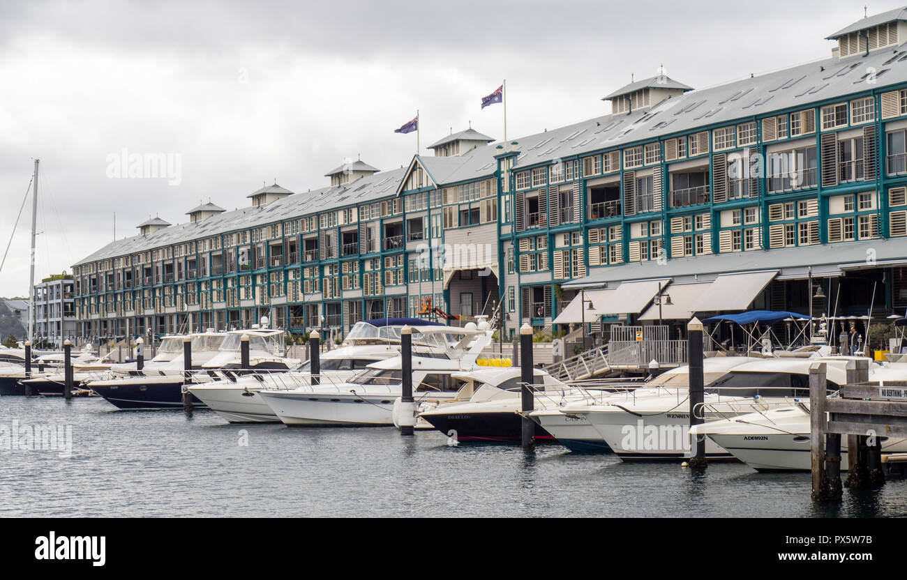 Finger Wharf redevelopment of wooden warehouses now Ovolo Hotel and residential apartments and marina Sydney NSW Australia. Stock Photo