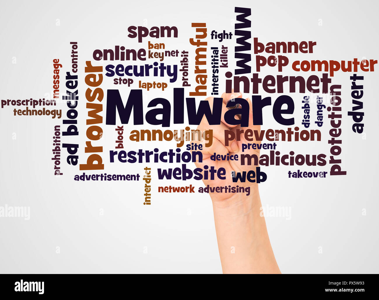 Malware word cloud and hand with marker concept on white background. Stock Photo