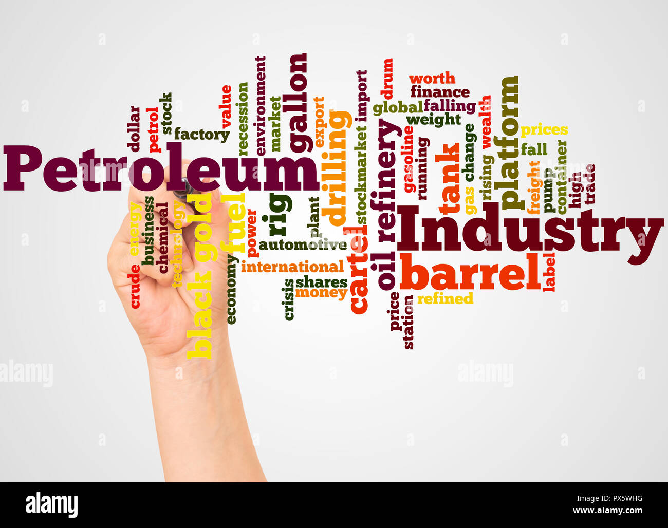 Petroleum Industry word cloud and hand with marker concept on white background. Stock Photo