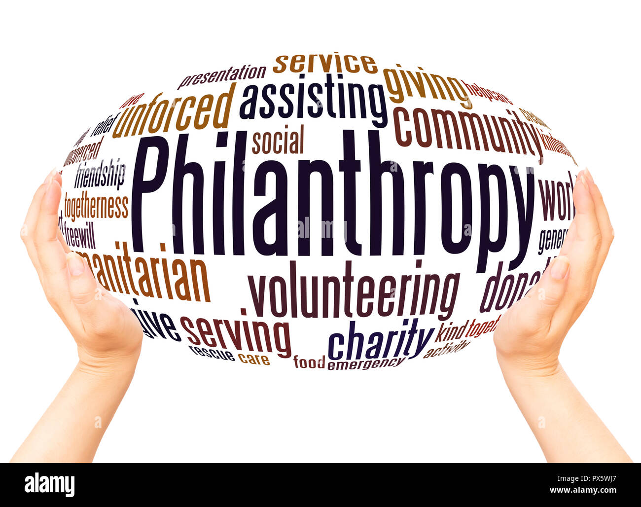 Philanthropy word cloud hand sphere concept on white background. Stock Photo