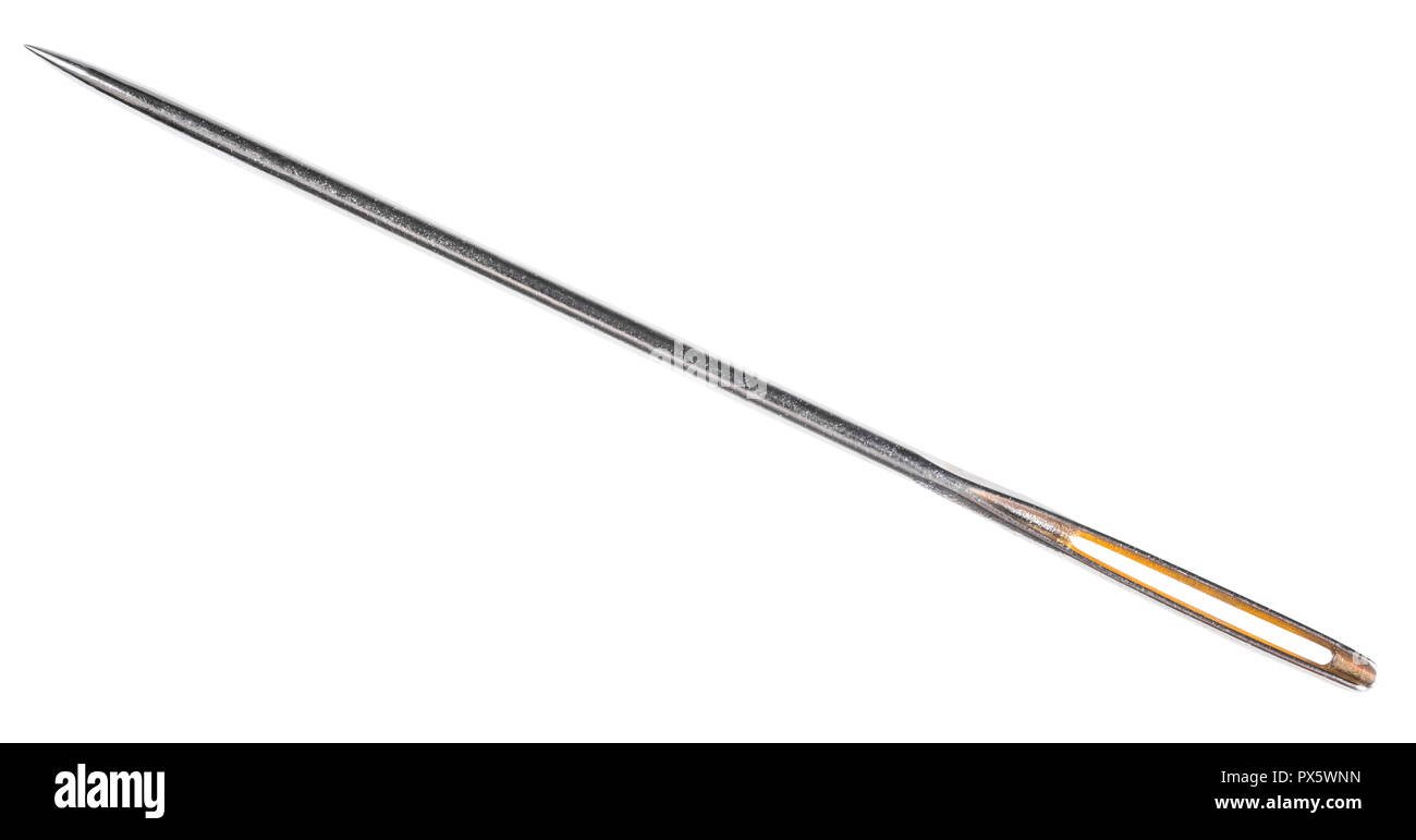 hand sewing needle with sharp tip and yellow eye isolated on white