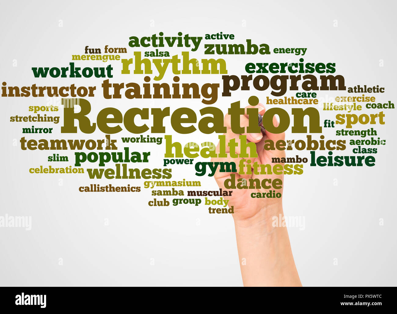 Recreation word cloud and hand with marker concept on white background ...