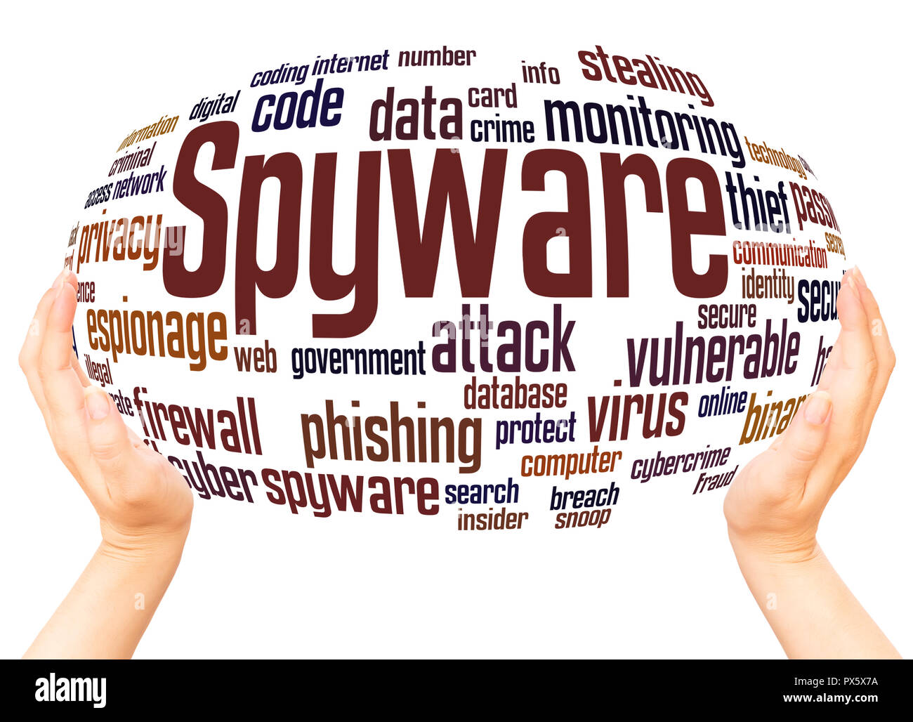 Spyware word cloud hand sphere concept on white background. Stock Photo