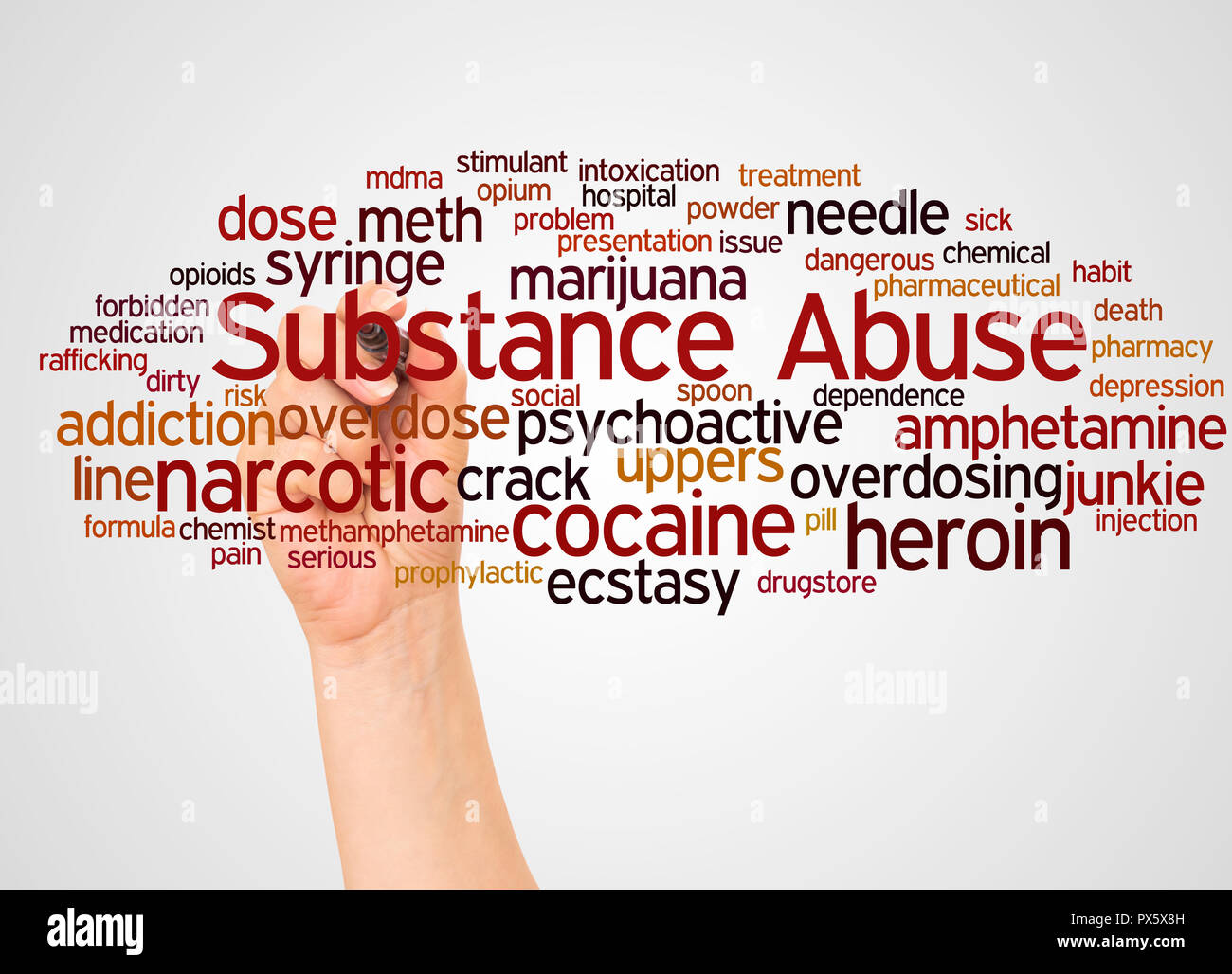 Substance Abuse and hand with marker word cloud concept on white background. Stock Photo