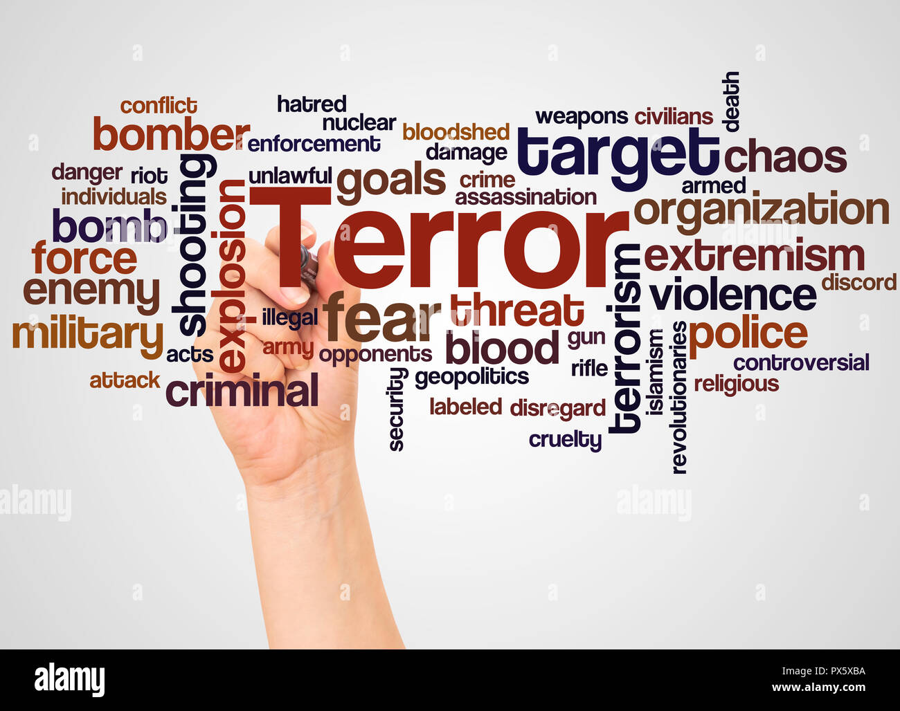 Terror word cloud and hand with marker concept on gradient background