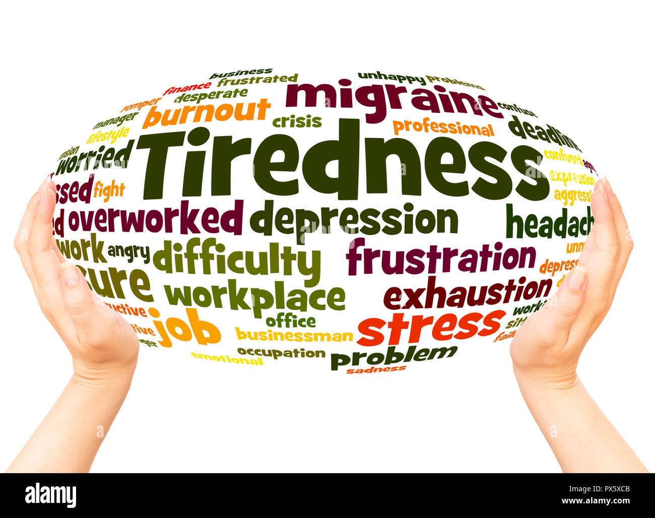 Tiredness word cloud hand sphere concept on white background. Stock Photo