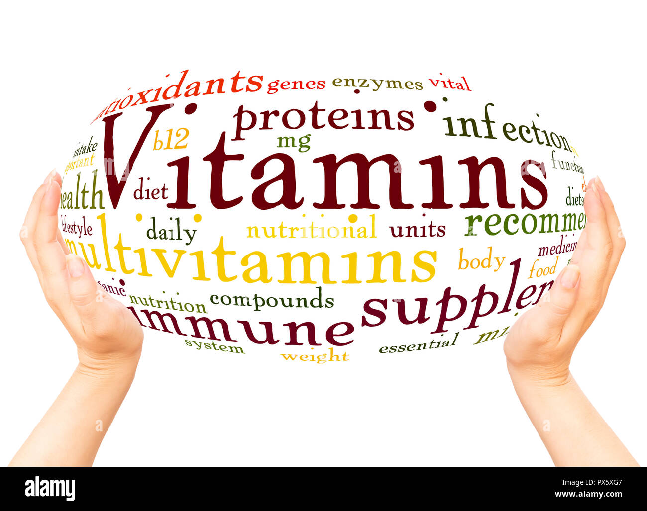 Vitamins word cloud hand sphere concept on white background. Stock Photo