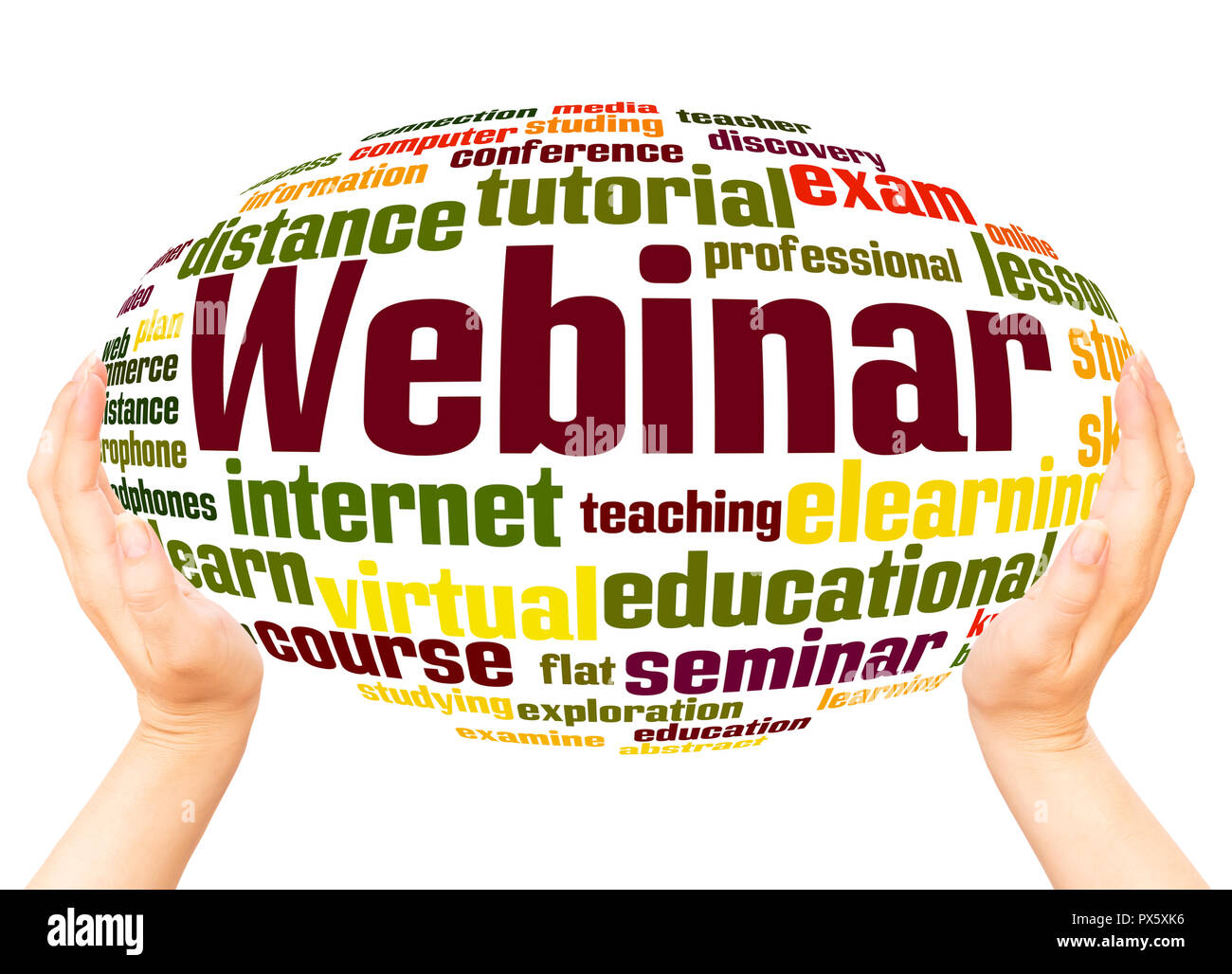 Webinar word cloud hand sphere concept on white background. Stock Photo