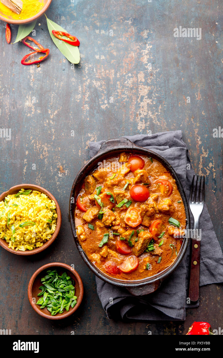 INDIAN FOOD. ROGAN JOSH curry sauce. Pork rogan josh with rice Stock