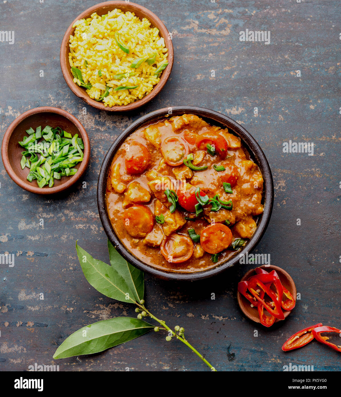 INDIAN FOOD. ROGAN JOSH curry sauce. Pork rogan josh with rice Stock Photo