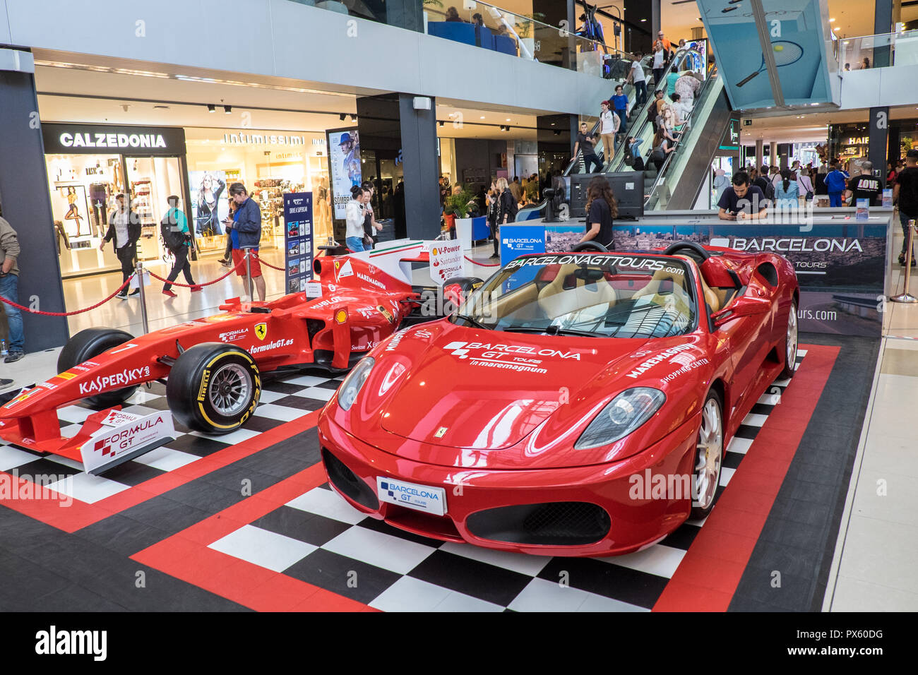 Ferrari driving experience,Maremagnum,huge,shopping,centre,center,mall,retail,outlet,complex,Barcelona,Catalan,Catalunya,Catalonia,Spain,Spanish, Stock Photo