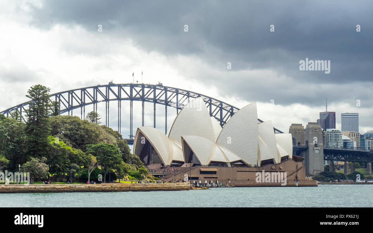 Sydney Opera House and Harbour Bridge on a stormy day Sydney NSW Australia. Stock Photo